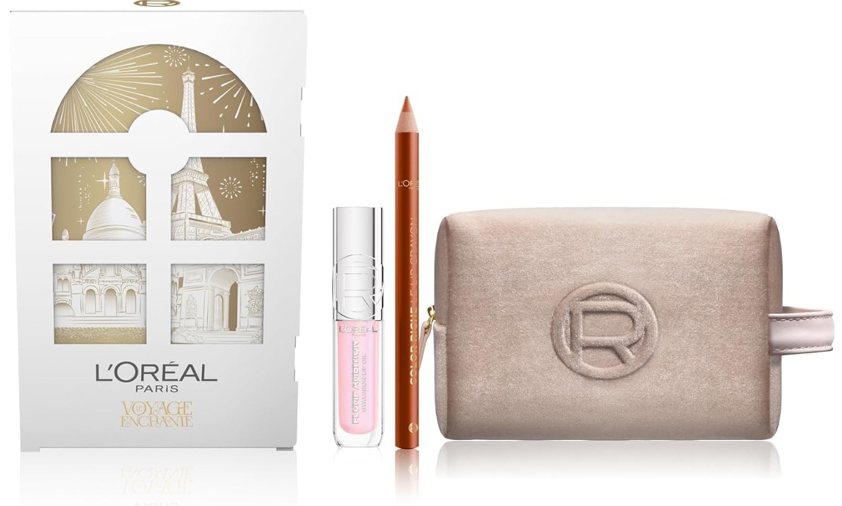 L'OREAL PARIS LE VOYAGE ENCHANTE - Set Regalo Natale Lucidalabbra Plump Ambition 101 Crystal Clear + Matita Labbra Color Riche 236 + Pochette in velluto